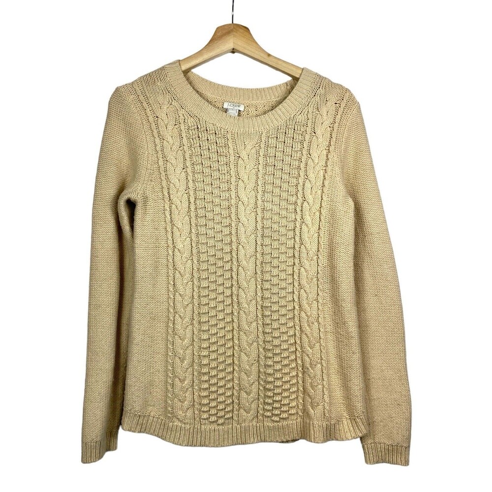 J. Crew Womens Sweater Sz S Tan Beige Fisherman Cable‎ Knit Wool Blend Crew Neck